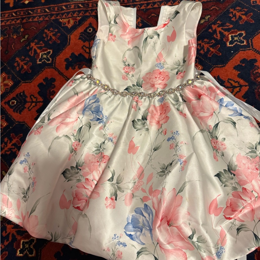 Charming Floral Satin Kids Dress with Jewel Accent